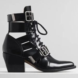 CHLOE Rylee Glossed Leather Ankle Boots Cut Out Black Size 37/7